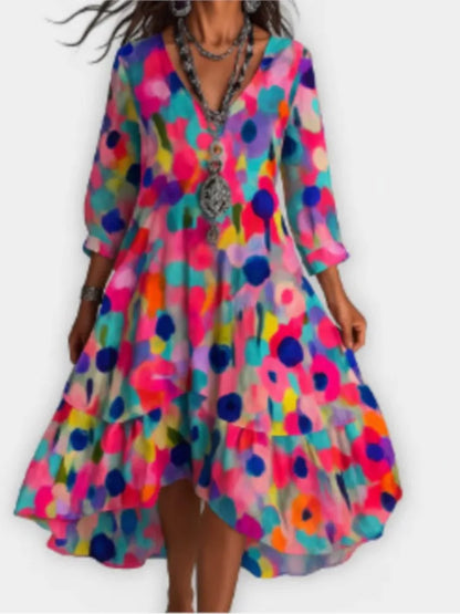 Robe décontractée pour femmes, ample, rétro, imprimé, manches 7-quarts, mode printemps-automne, élégante, bord de mer, vacances, 2025