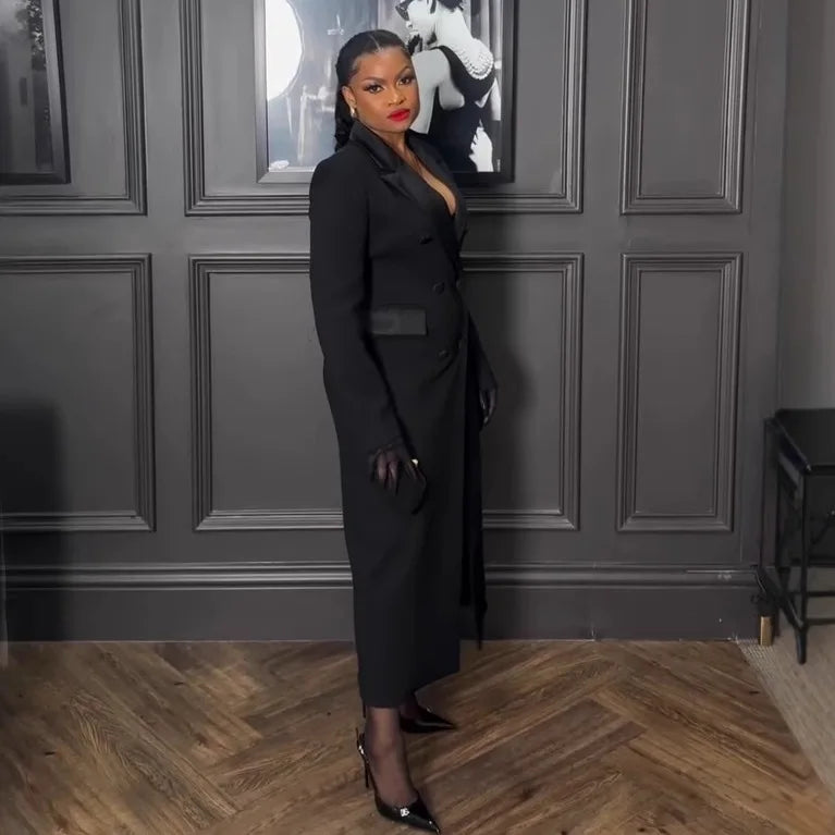 CM.YAYA-Robe longue crantée à manches longues pour femmes, robe de soirée élégante, robe de rue, double boutonnage, sexy, mode, avocat, travail, nuit, printemps