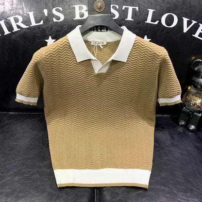 T-shirt à manches courtes en soie glacée pour hommes, pull tricoté à revers contrasté, tendance et personnalisé, décontracté, nouvelle collection été