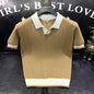 T-shirt à manches courtes en soie glacée pour hommes, pull tricoté à revers contrasté, tendance et personnalisé, décontracté, nouvelle collection été