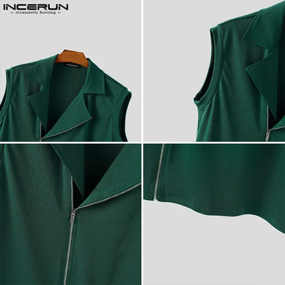 INCERUN hauts sans manche t-shirt été hommes débardeurs couleur unie fermeture éclair revers gilets hommes hauts surdimensionné vêtements pour hommes Streetwear