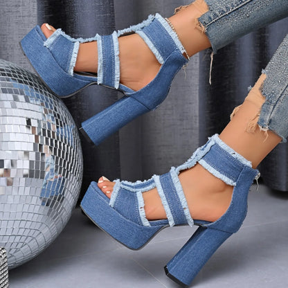 Sandales Peep Parker à talons hauts pour femmes, chaussures à plateforme, sangle de rinçage en denim bleu, mode extérieure sexy, été, nouveau