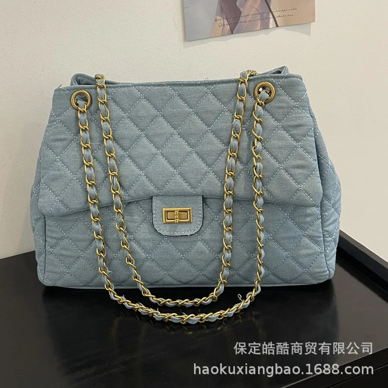 Sac à bandoulière en chaîne en Denim tendance, polyvalent, à motifs de diamants, forme carrée douce, Style minimaliste neutre, Linin en Polyester