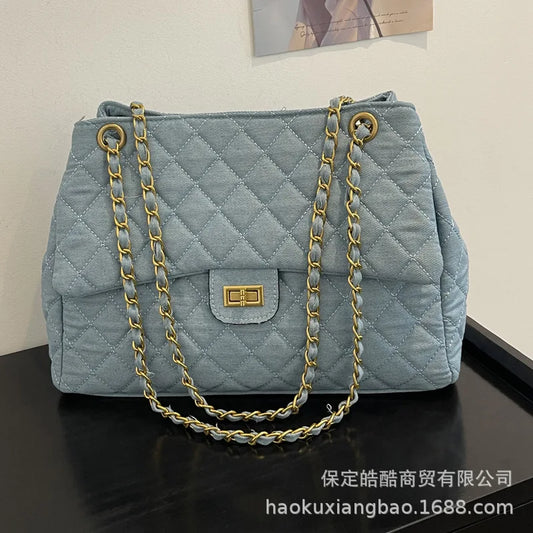 Sac à bandoulière en chaîne en Denim tendance, polyvalent, à motifs de diamants, forme carrée douce, Style minimaliste neutre, Linin en Polyester