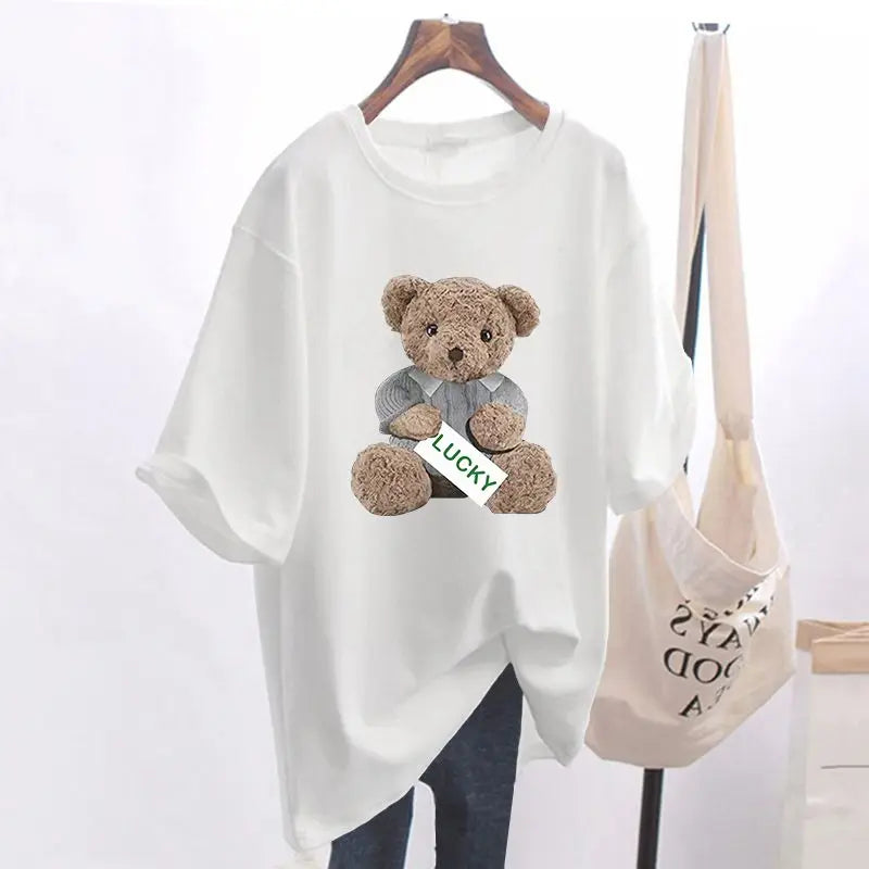 Mode d'été Animal ours imprimé T-shirts de base femmes décontracté pur coton col rond à manches courtes haut t-shirt bureau dame pulls amples