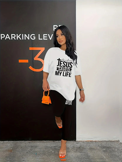 Ensemble de tenue de sport pour femmes, grande taille, lettre imprimée, T-shirt noir à manches courtes, haut et pantalon, Fitness, ensemble 2 pièces