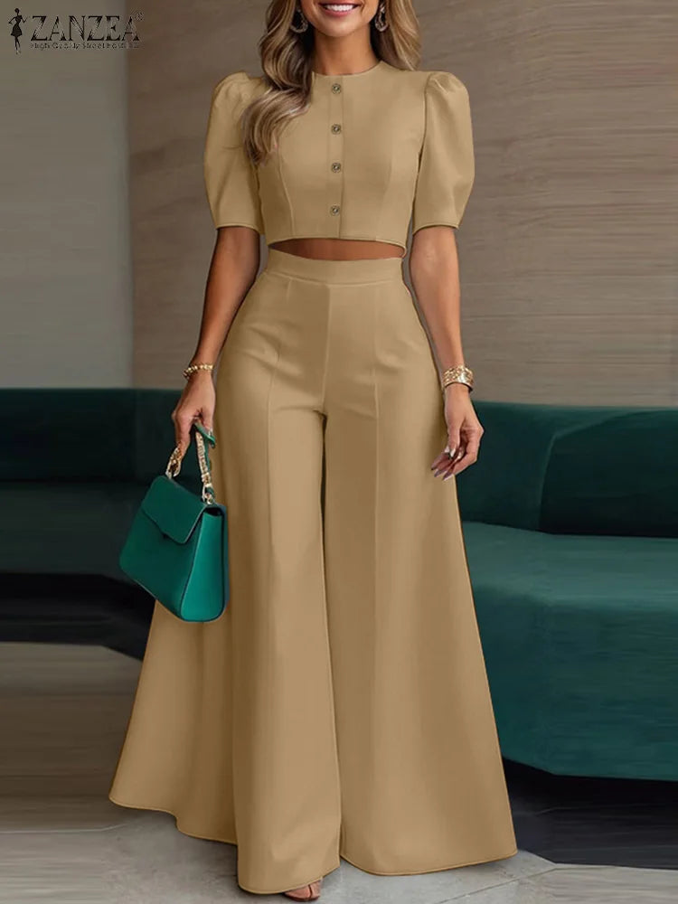 BS -  rue mode femme 2 pièces ensembles élégant manches courtes bouffantes haut court pantalon à jambes larges 2 pièces tenue élégant bureau pantalon ensembles