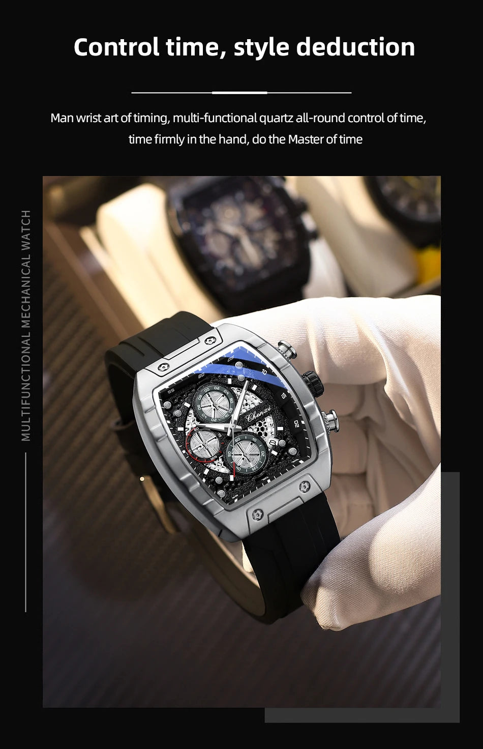 CHENXI-Montre de sport à quartz pour homme, bracelet en silicone noir, chronographe, date, marque originale, mode