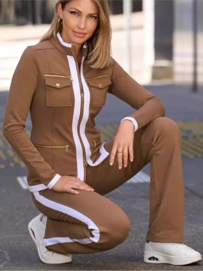 Ensemble deux pièces décontracté pour femmes, nouvelle mode, couleur unie, élégant, Slim, Simple, fermeture éclair, haut, pantalon de survêtement droit, automne et hiver