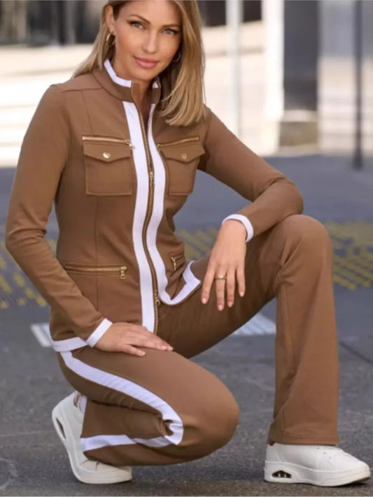 Ensemble deux pièces décontracté pour femmes, nouvelle mode, couleur unie, élégant, Slim, Simple, fermeture éclair, haut, pantalon de survêtement droit, automne et hiver