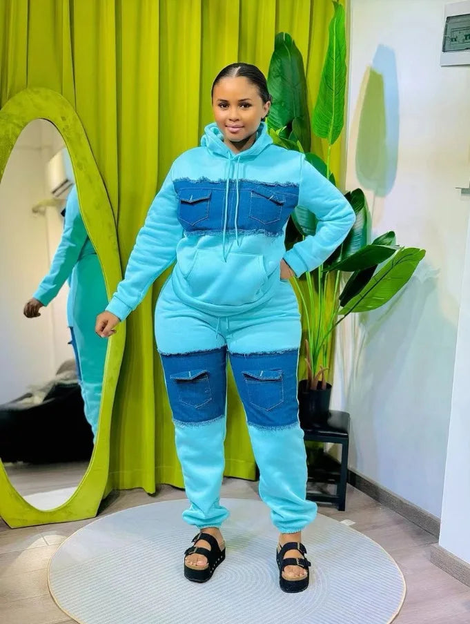 Ensemble 2 pièces pour femmes, vêtements africains Dashiki, nouvelle mode printemps-automne, haut en Denim à manches longues et pantalon, costume de fête, ensembles assortis