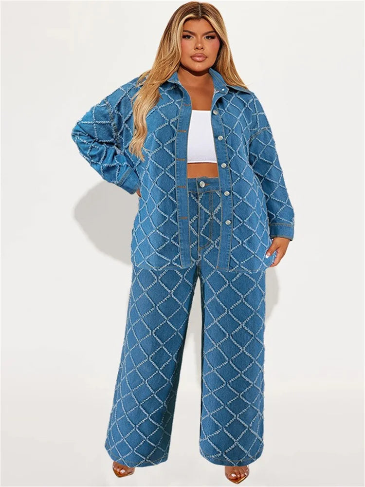 Wmstar grande taille Denim deux pièces ensembles femmes automne vêtements imprimer à manches longues hauts pantalons nouveaux costumes assortis en gros Dropshopping