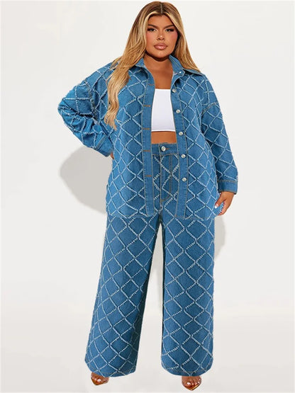Wmstar grande taille Denim deux pièces ensembles femmes automne vêtements imprimer à manches longues hauts pantalons nouveaux costumes assortis en gros Dropshopping