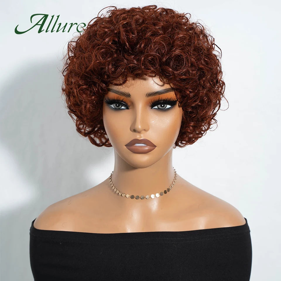 Jerry bouclés perruques de cheveux humains pour les femmes noires 10 pouces court Pixie Afro crépus bouclés perruque avec frange brun couleur cheveux perruques Allure