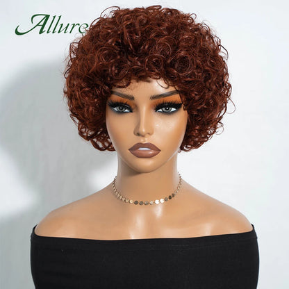Jerry bouclés perruques de cheveux humains pour les femmes noires 10 pouces court Pixie Afro crépus bouclés perruque avec frange brun couleur cheveux perruques Allure