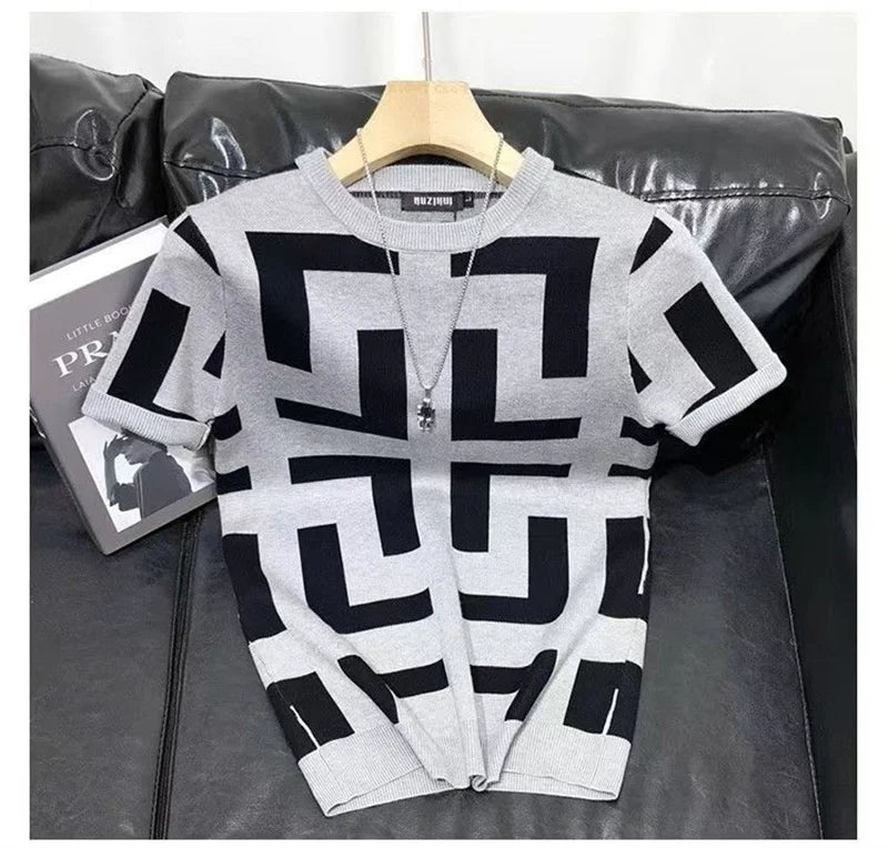 Polo BS été nouveaux hommes mince Vintage à manches courtes tricot t-shirt rayé imprimé col rond graphique t-shirts pour hommes Camiseta Masculina