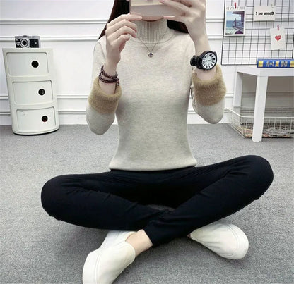 Pull Slim à Demi-Col Roulé pour Femme, Tricot Doublé de Velours, Chaud, Épais, en Jersey Doux, Collection Hiver