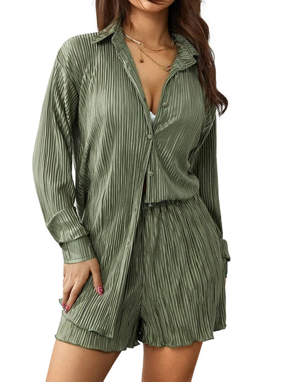 Ensemble de vêtements décontractés pour femmes, chemise froncée à manches longues, boutonnée et short, 2 pièces