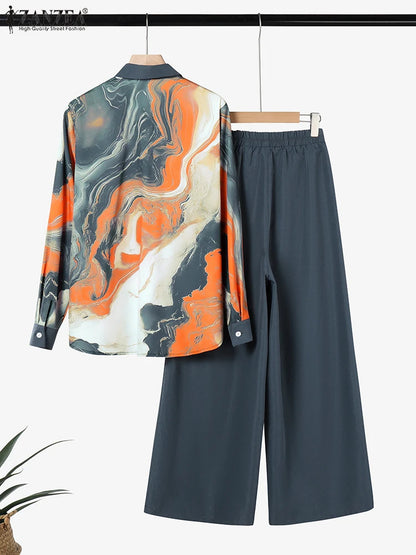 BS -  mode femmes deux pièces ensembles à manches longues revers chemise jambe large pantalon ensembles 2 pièces tenues de vacances décontracté OL travail survêtements