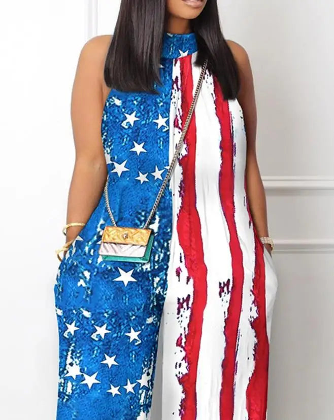 Combinaison décontractée à col montant pour femme, fibres de poche, imprimé abstrait, non commandé, jambe large, 03, 2023