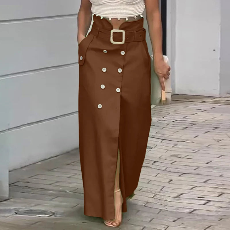 VONDA femmes jupes 2025 décontracté ceinture bouton conception fente longues jupes élégant couleur unie bureau dame bas surdimensionné
