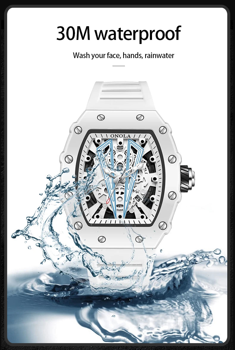ONOLA-Montre Tonneau Blanche pour Homme, Horloge Masculine, Calendrier Showous, Degré d'Eau, Bande en Silicone