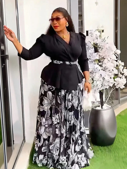 Vêtements africains 2 pièces pour femmes, mode d'été, demi-manches, col en v, haut imprimé en Polyester, jupe longue, ensembles assortis, 2025