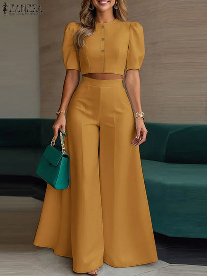 BS -  rue mode femme 2 pièces ensembles élégant manches courtes bouffantes haut court pantalon à jambes larges 2 pièces tenue élégant bureau pantalon ensembles