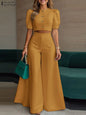 BS -  rue mode femme 2 pièces ensembles élégant manches courtes bouffantes haut court pantalon à jambes larges 2 pièces tenue élégant bureau pantalon ensembles