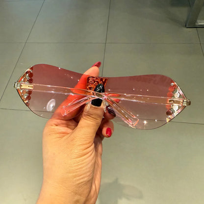 Lunettes de soleil de luxe y2k sans monture pour femmes, avec lettres en strass, de marque de styliste, pour l'extérieur, UV400