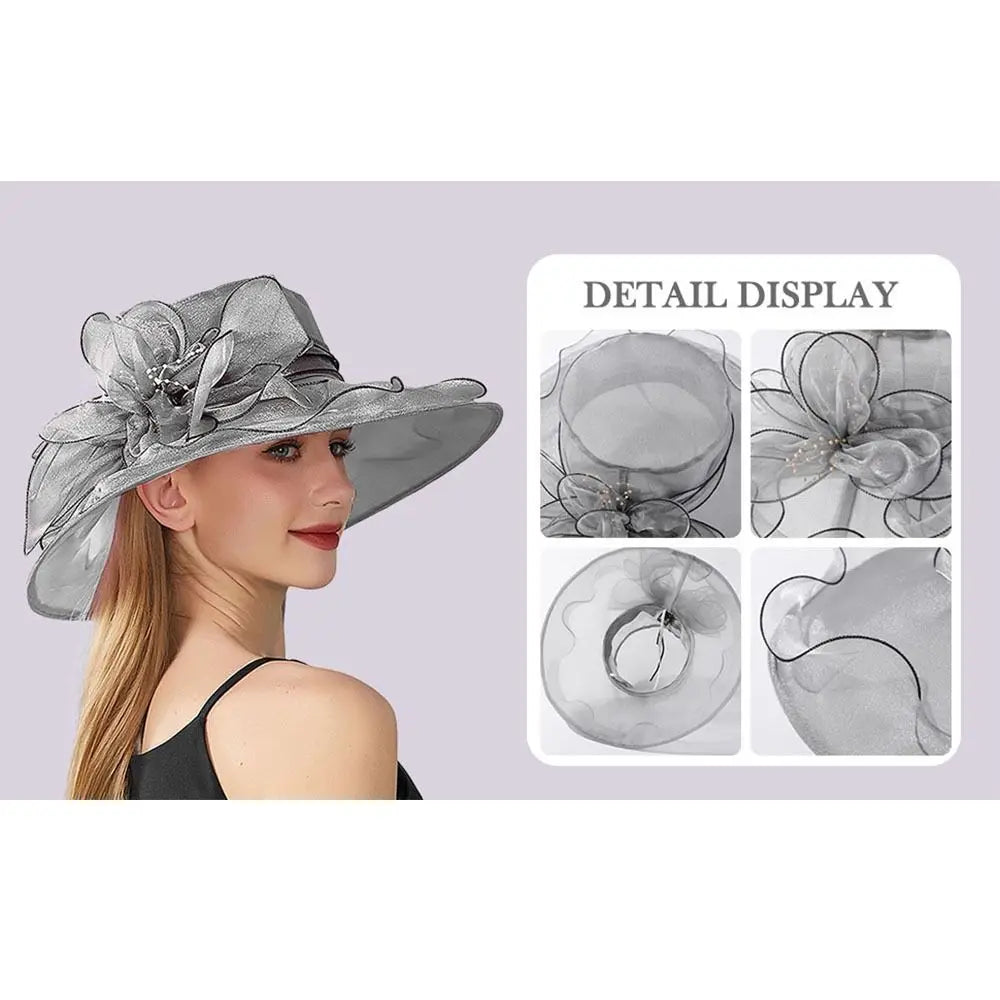 Chapeau Derby à fleurs de couleur unie pour femmes, en Organza à large bord, à volants, chapeau de soleil pliable, Protection UV, pour fête de thé, mariage