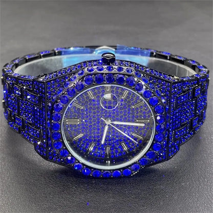 2024 Hip Hop hommes montres à quartz MISSFOX automatique Date glacé montre-bracelet mode bleu diamant bijoux montre pour homme livraison gratuite