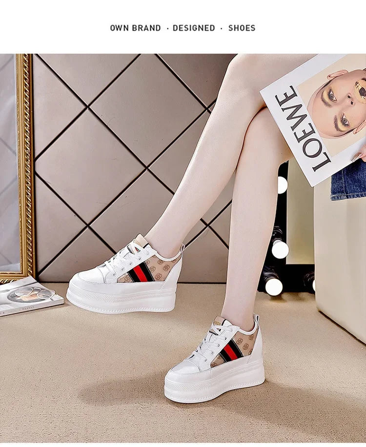 9cm femmes chaussures grosses baskets Air maille évider en cuir véritable blanc chaussures compensées plate-forme talon pompes Mujer Bombas