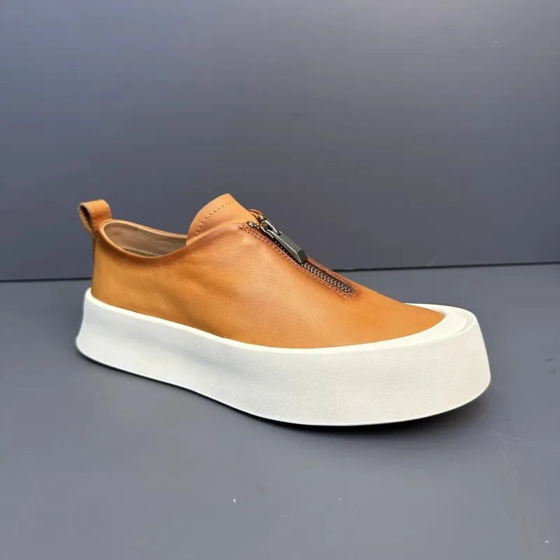 Mocassins à fermeture éclair pour hommes, cuir de vachette véritable, chaussures décontractées, baskets d'extérieur vintage, chaussures de skateboard, plate-forme optique, mode