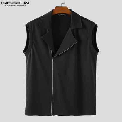 INCERUN hauts sans manche t-shirt été hommes débardeurs couleur unie fermeture éclair revers gilets hommes hauts surdimensionné vêtements pour hommes Streetwear