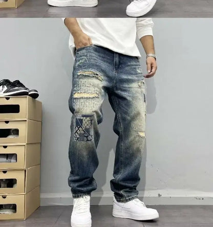 Jean Baggy Vintage en détresse Patchwork jean homme droit ample haute rue Hip-hop pantalons longs vêtements pour hommes jean pour homme