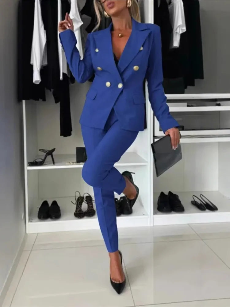 Mode Double boutonnage à manches longues costume ensemble femmes nouveau automne hiver coupe ajustée petite jambe pantalons longs femme bureau 2 pièces ensemble