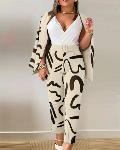 Ensemble de travail deux pièces avec ceinture pour femme, blazer à col à revers, manteau cardigan, pantalon, lettre imprimée, mode, bureau imbibé, automne, hiver