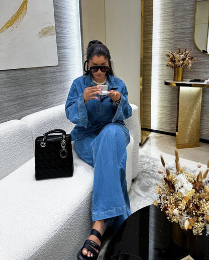 Ensemble pantalon en Denim pour femmes, ensemble deux pièces assorti, Streetwear décontracté, chemise ample, jambes larges, pantalons longs, taille haute, jean maman Y2k