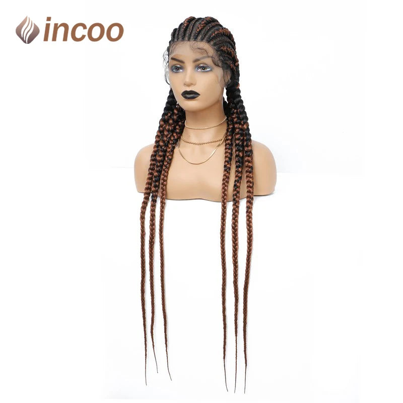 Incoo-Perruque synthétique tressée pour femmes noires, 36 pouces, sans nœud, boîte, Cornrow, cheveux africains
