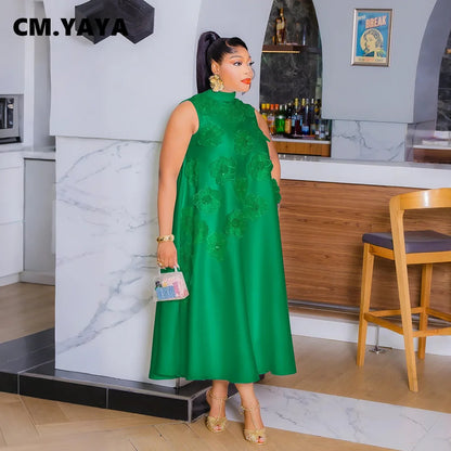 CM.YAYA femmes élégantes sans manches en vrac 3D fleur col rond robe 2025 été moulante rue africaine Midi Maxi robes longues robes