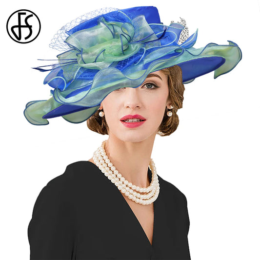 FS été bleu vert église Chapeau pour femmes élégant à large bord Organza Fascinator chapeaux mariage mariée Casquette avec fleur Chapeau Femme