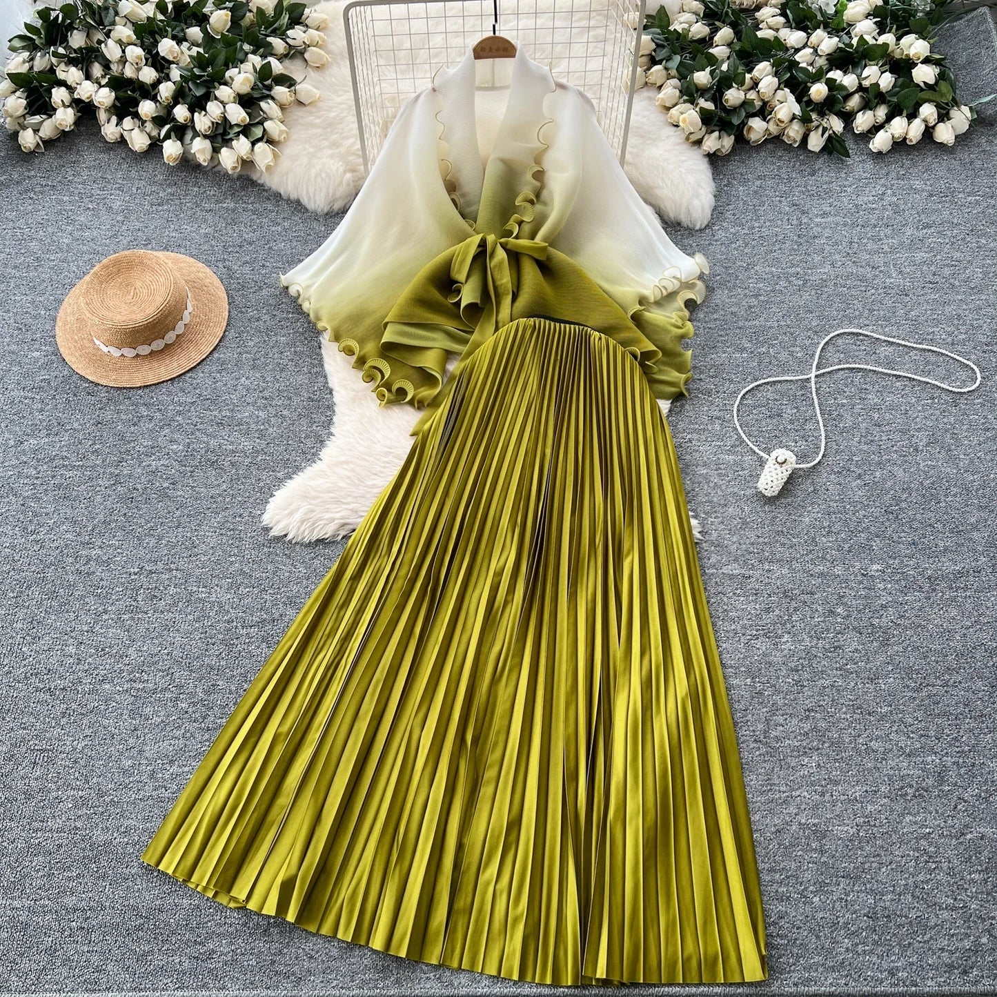 Miyake pli changement progressif couleur bord ondulé costume soleil jupe plissée à la mode et élégant deux pièces ensembles tenues pour femmes