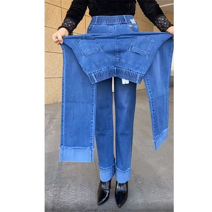 Jean femme d'âge moyen printemps automne taille extensible pantalon en Denim droit grande taille ample taille haute décontractée noir bleu pantalon