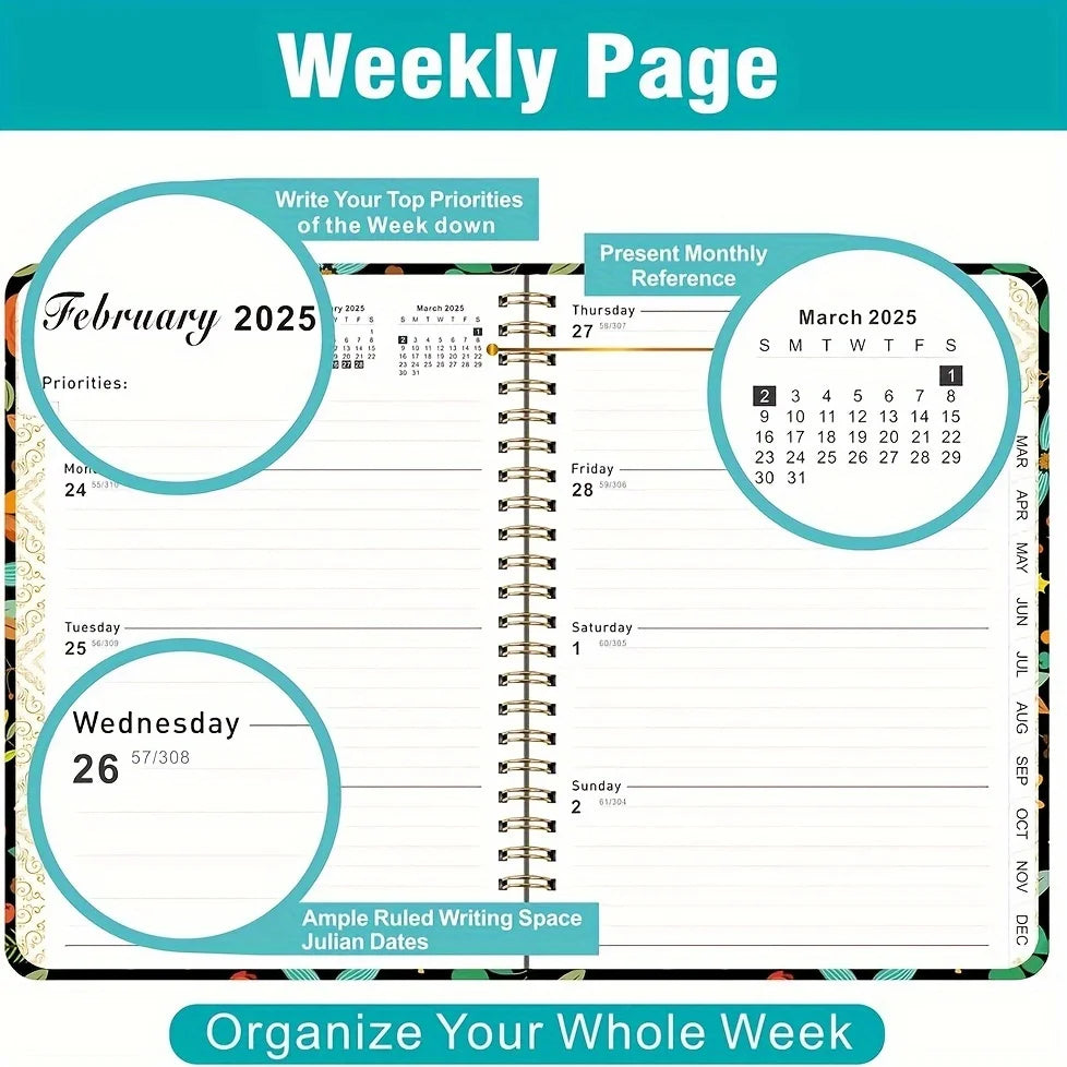 Planificateur 2025 Calendrier hebdomadaire et mensuel 2025 de janvier à décembre A5 (6,2" x 8,5") Plan de travail accaden de 12 mois Etiquettesmic