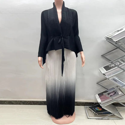 CM.YAYA – ensemble dégradé pour femmes, chemisier à manches longues avec ceinture, chemise et jupes longues plissées, costume de rue, ensemble deux pièces, survêtement