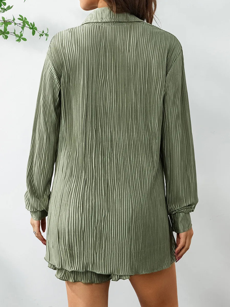 Ensemble de vêtements décontractés pour femmes, chemise froncée à manches longues, boutonnée et short, 2 pièces