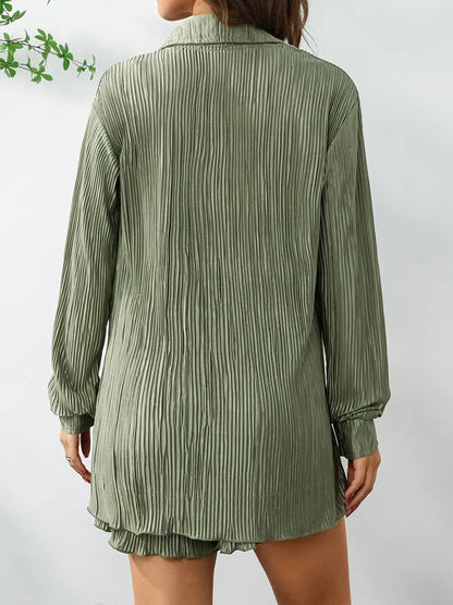 Ensemble de vêtements décontractés pour femmes, chemise froncée à manches longues, boutonnée et short, 2 pièces