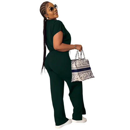 Femmes décontracté col rond cordon à manches courtes haut et taille haute pantalon ensemble été solide deux pièces costume ensembles tenues ensemble femme