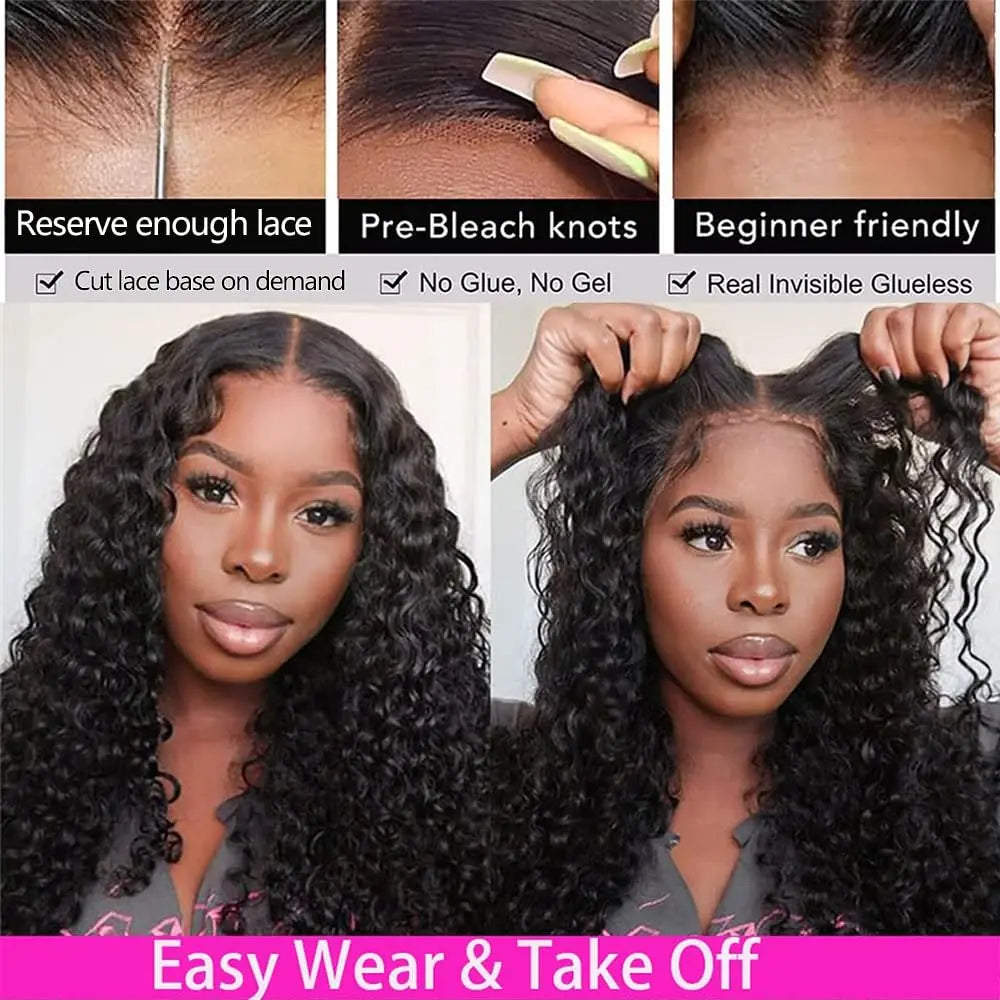 Perruque Deep Wave Lace Wig sans colle, perruques de cheveux humains, pre-cut, Prêt à porter, Wear and Go, 6x4, 5x5